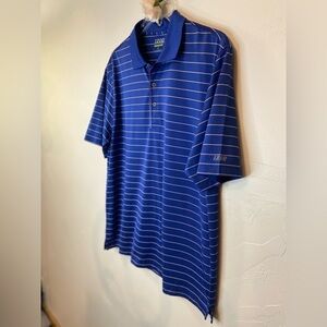IZOD Perform Golf~Polo Shirt~Blue w/Black, Orange & Cream Stripes~Size L